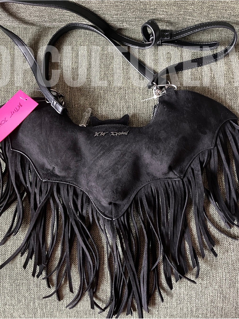 Betsey Johnson Black Suede Fringe Bat Crossbody Bag